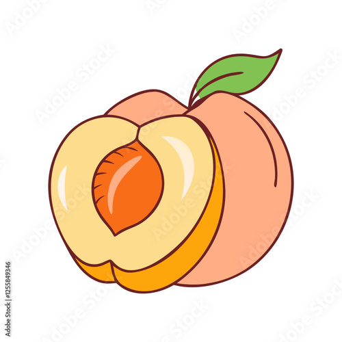 Vector illustration of a peach with a slice, A vibrant vector illustration of a fresh peach with a slice showing the juicy, orange flesh inside.
