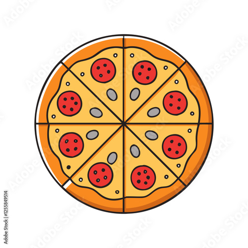 Vector illustration of a sliced pepperoni pizza, A vibrant vector illustration of a pepperoni pizza, divided into slices, with melted cheese and savory pepperoni.
