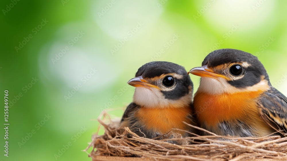 Fototapeta premium Cute Baby Birds in Nest on Soft Green Background with Blurry Bokeh Effect