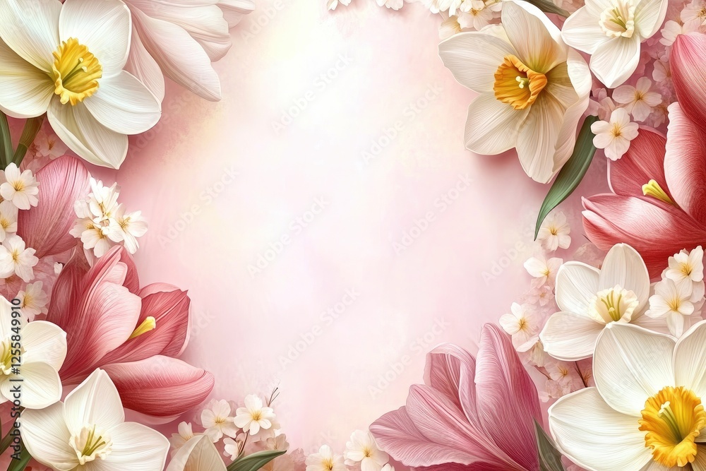 Spring Floral Background with Daffodils and Tulips in Pastel Colors Spring Floral Background with Daffodils and Tulips in Pastel Colors