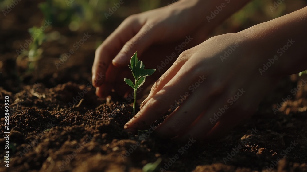 Fototapeta premium Hands delicately planting a young seedling in fertile soil outdoors