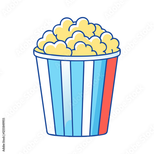 Vector illustration of popcorn in striped bucket, A bright vector illustration of a striped bucket filled with fluffy popcorn, perfect for movie nights or casual snacking.

