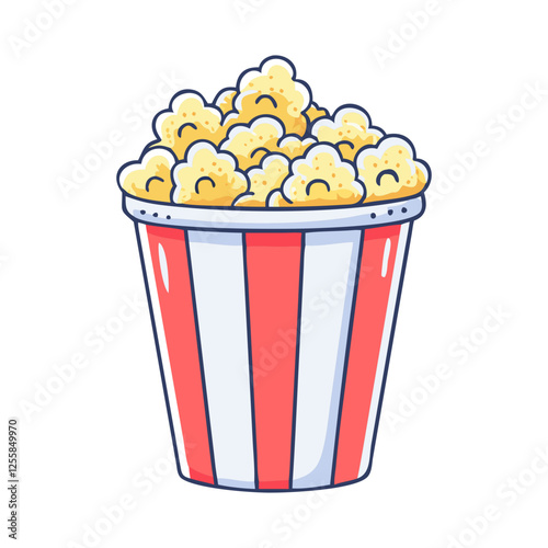 Vector illustration of popcorn in a bucket, A colorful vector illustration of a bucket filled with popcorn, a popular snack for movies or parties.
