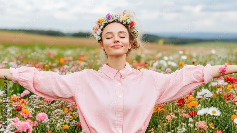 Young woman in a pink shirt enjoying nature in a vibrant flower field Young woman in a pink shirt enjoying nature in a vibrant flower field
