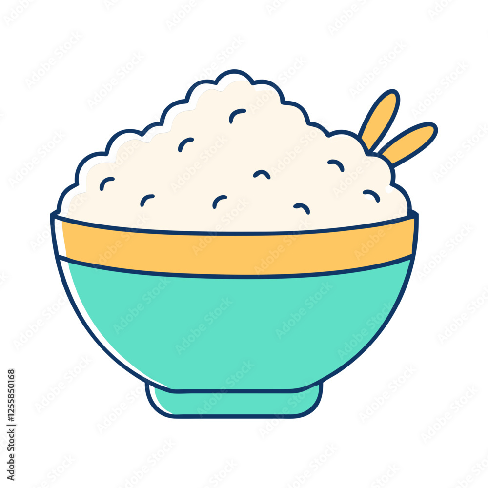 Fototapeta premium Vector illustration of rice bowl with chopsticks, A colorful vector illustration of a rice bowl filled with steamed rice and paired with chopsticks for easy eating. 
