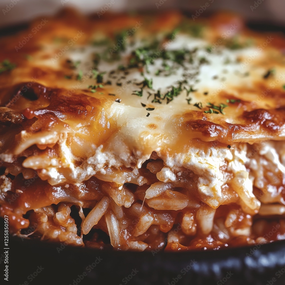Close-up of a rice bowl with Italian lasagna and cheese. Featuring a rich and savory dish. Highlighting the texture and layers of the lasagna. Ideal for food and gourmet themes. Close-up of a rice bowl with Italian lasagna and cheese. Featuring a rich and savory dish. Highlighting the texture and layers of the lasagna. Ideal for food and gourmet themes.