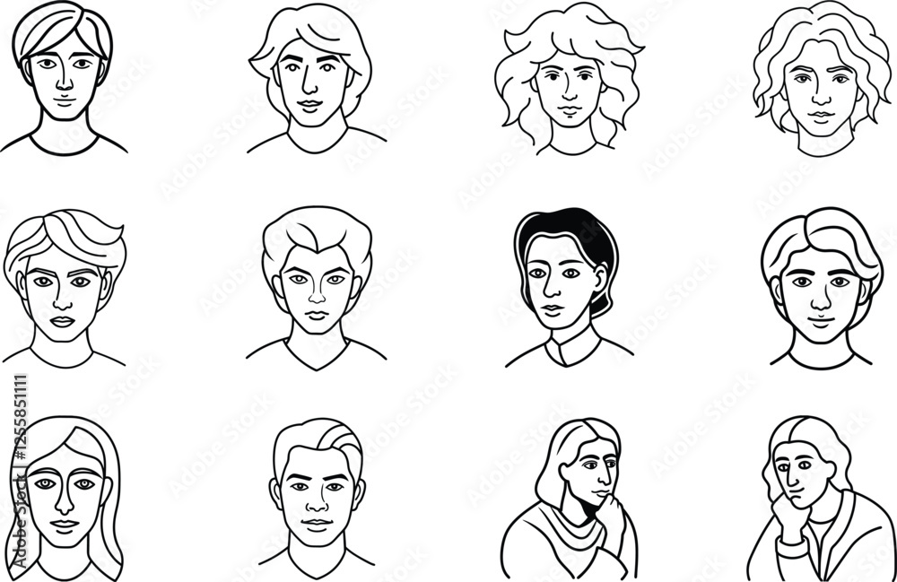 Diverse Male and Female Hairstyle Line Art Portraits Illustrations Diverse Male and Female Hairstyle Line Art Portraits Illustrations
