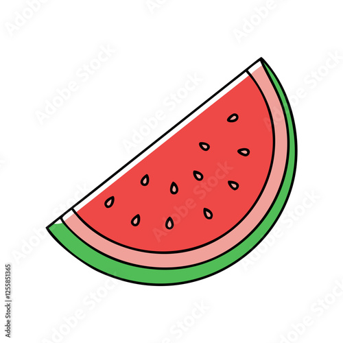 Illustration of a Watermelon Slice, Vector illustration of a slice of watermelon, showing its vibrant red and green colors.
