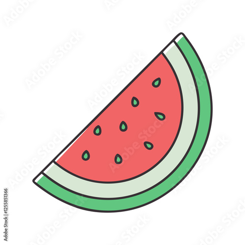 Illustration of a Watermelon Slice, Vector illustration of a slice of watermelon, showing its vibrant red and green colors.
