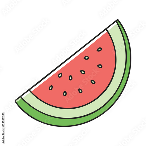 Illustration of a Watermelon Slice, Vector illustration of a slice of watermelon, showing its vibrant red and green colors.
