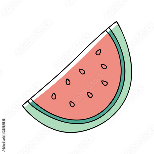 Illustration of a Watermelon Slice, Vector illustration of a slice of watermelon, showing its vibrant red and green colors.
