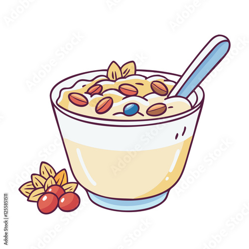 Illustration of a Bowl of Oatmeal with Nuts, Vector illustration of a bowl of oatmeal topped with nuts and berries, with a spoon resting beside it.
