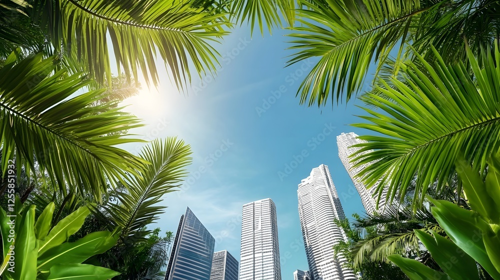 Fototapeta premium Tropical Skyline Framed by Lush Palm Trees Under Sunny Blue Sky