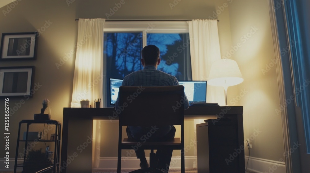 Fototapeta premium Man working on computer at night from home office setup scene