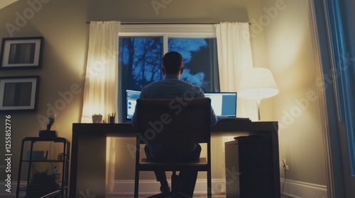 Man working on computer at night from home office setup scene