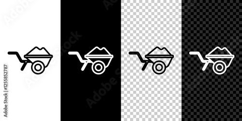 Set line Wheelbarrow with dirt icon isolated on black and white, transparent background. Tool equipment. Agriculture cart wheel farm. Vector
