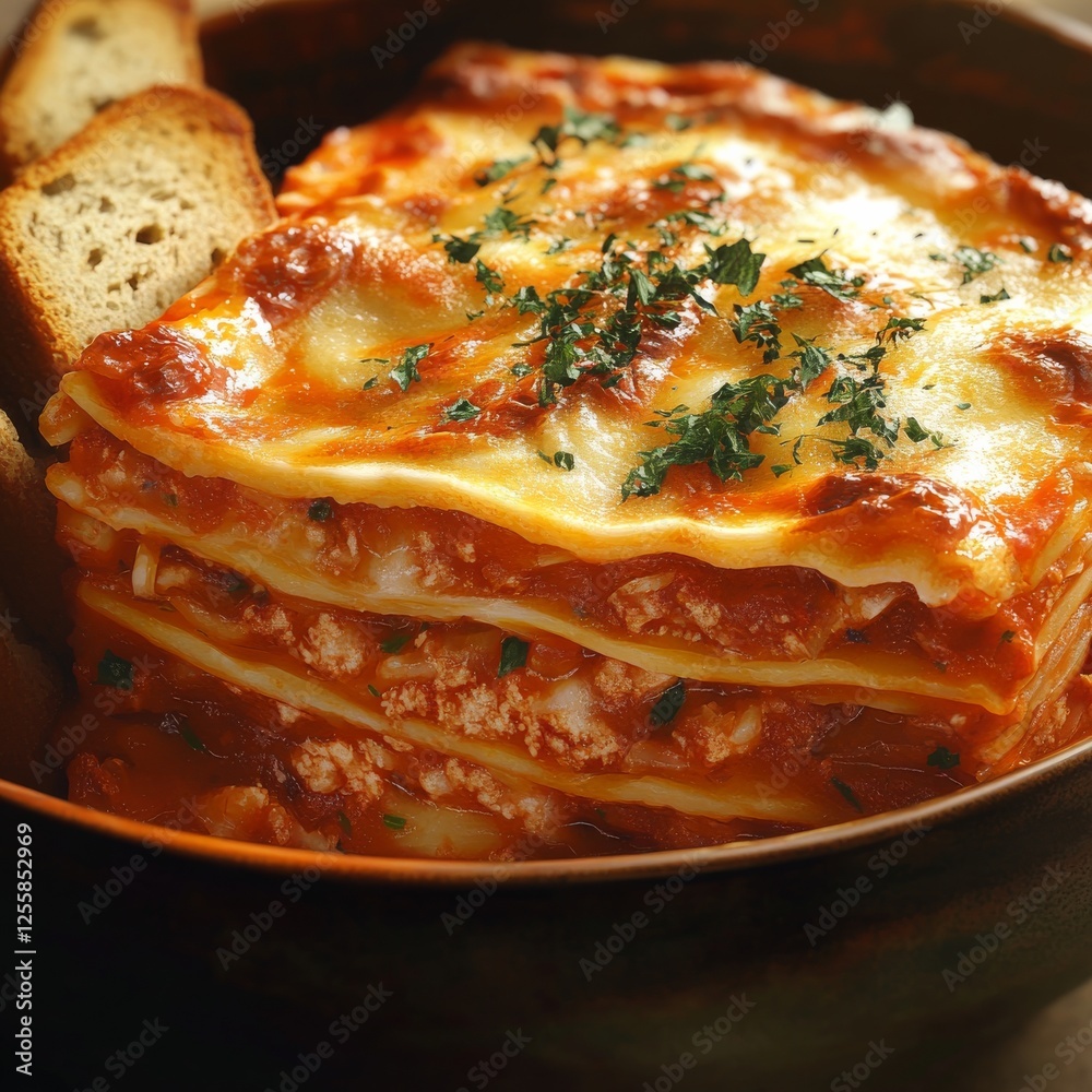 Close-up of a rice bowl with Italian lasagna and garlic bread. Featuring a layered and rich dish. Highlighting the texture and flavors of the lasagna. Ideal for food and cultural themes. Close-up of a rice bowl with Italian lasagna and garlic bread. Featuring a layered and rich dish. Highlighting the texture and flavors of the lasagna. Ideal for food and cultural themes.
