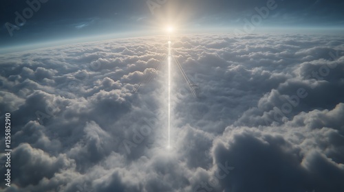 A breathtaking view from above the clouds, showcasing a radiant sunbeam piercing through, illuminating the serene sky.