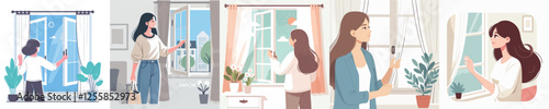 a set of vector women opening the window