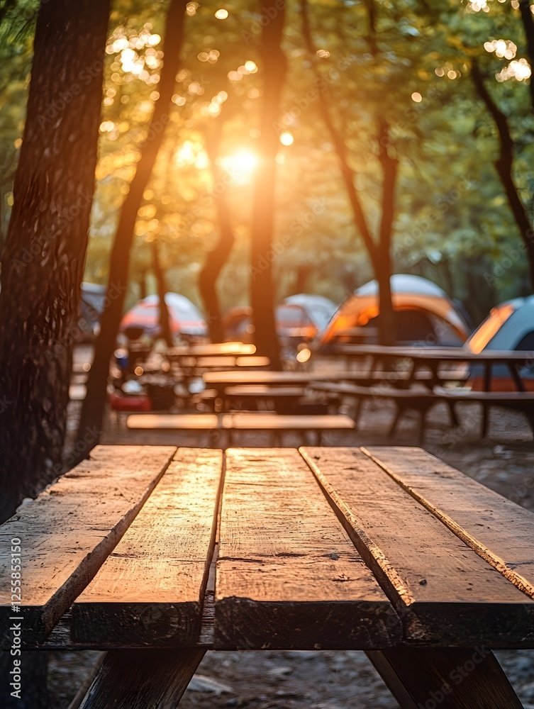 Wooden Table Amid Idyllic Outdoor Camping Scene with Warm Sunlight Effect Wooden Table Amid Idyllic Outdoor Camping Scene with Warm Sunlight Effect