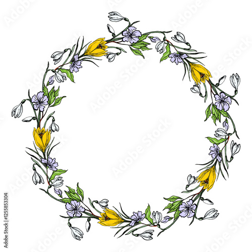 Hand Drawn Colorful Round Frame With Spring Flowers