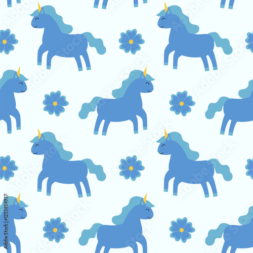 Seamless Pattern. Blue Unicorn with flower. Children Vector Flat Illustration.