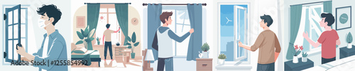 vector young man opening window