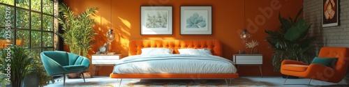 Sun-drenched bedroom with orange accents and lush greenery.  Modern design meets natural elements for a calming space. photo