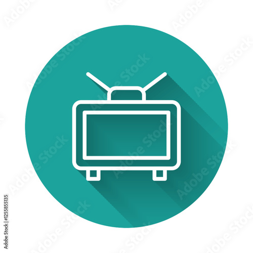 White line Football soccer match on TV icon isolated with long shadow background. Football online concept. Green circle button. Vector