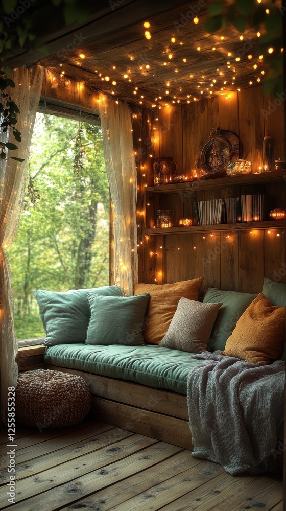 Fototapeta premium Cozy window seat bathed in warm light, perfect for relaxation and reading. Rustic wooden walls and fairy lights create a magical ambiance.