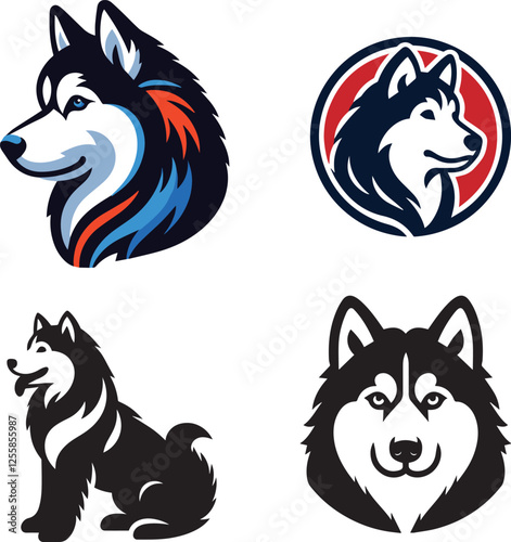 A flat silhouette image set of a Siberian Husky, depicting various poses that highlight its strong build, bushy tail, pointed ears, and distinctive wolf-like stance.