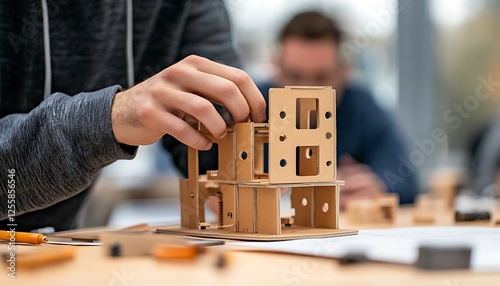 Person assembling a cardboard architectural model.