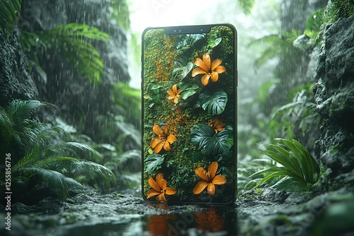 Smartphone with a lush botanical screen stands in a misty rainforest blending technology with nature's vibrant flora photo