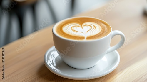 Cup of cappuccino with heart-shaped latte art on wooden table