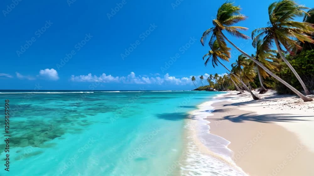 Tropical Beach Paradise: Turquoise water laps a pristine white sand beach, under a vibrant blue sky dotted with fluffy clouds. Tall palm trees sway gently in the breeze. Tropical Beach Paradise: Turquoise water laps a pristine white sand beach, under a vibrant blue sky dotted with fluffy clouds. Tall palm trees sway gently in the breeze.