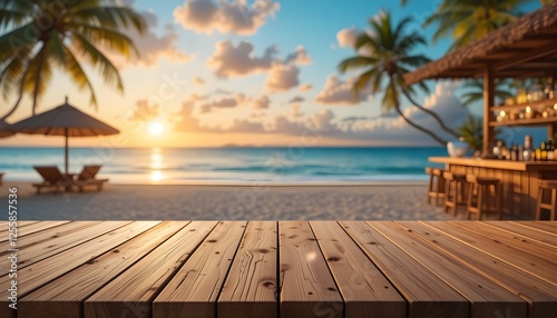 Empty wooden table top for product display, tropical summer sunset beach bar background, generative AI.