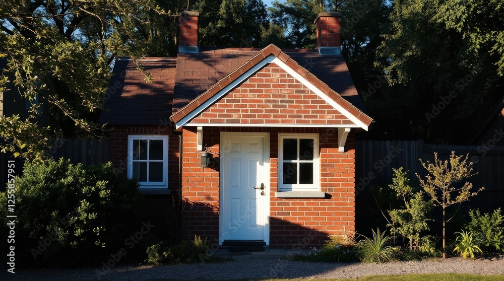 Naklejka premium Compact brick bungalow for affordable housing blogs, real estate websites, and sustainable urban planning concepts
