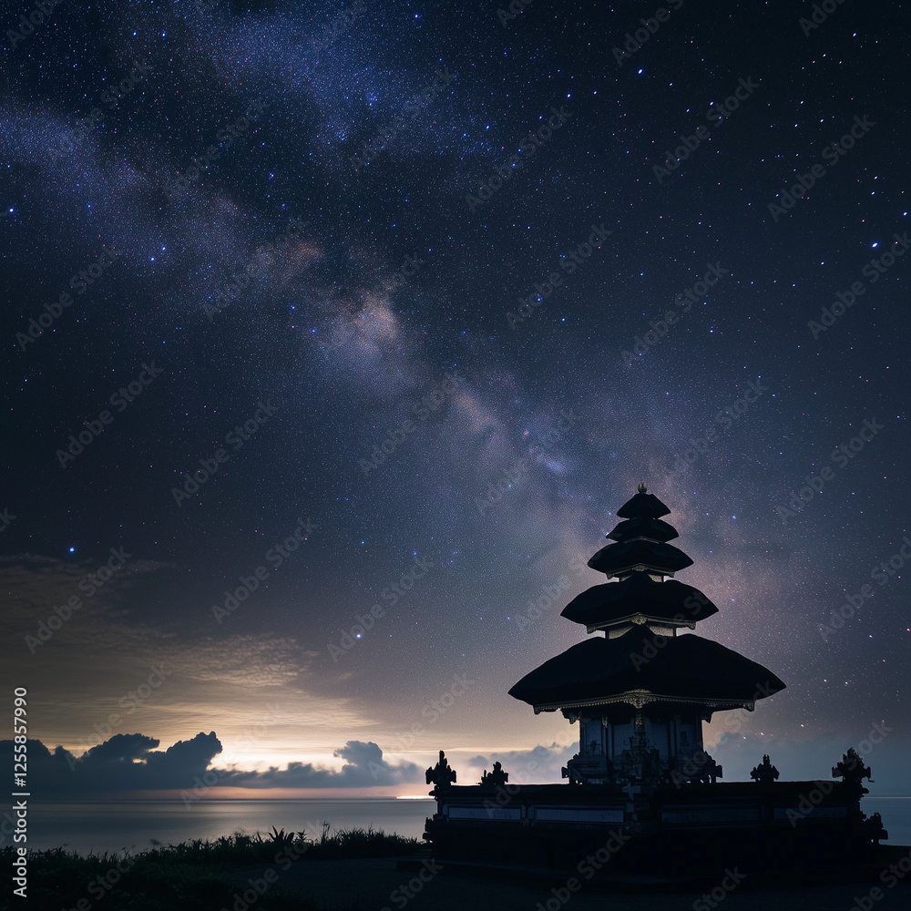 Obraz premium Celestial canopy above ancient shrine, A Balinese nightscape wonder
