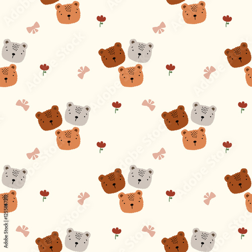 Three brothers bear cartoon so cute. On flower bow background. Pattern seamless vector illustration. 