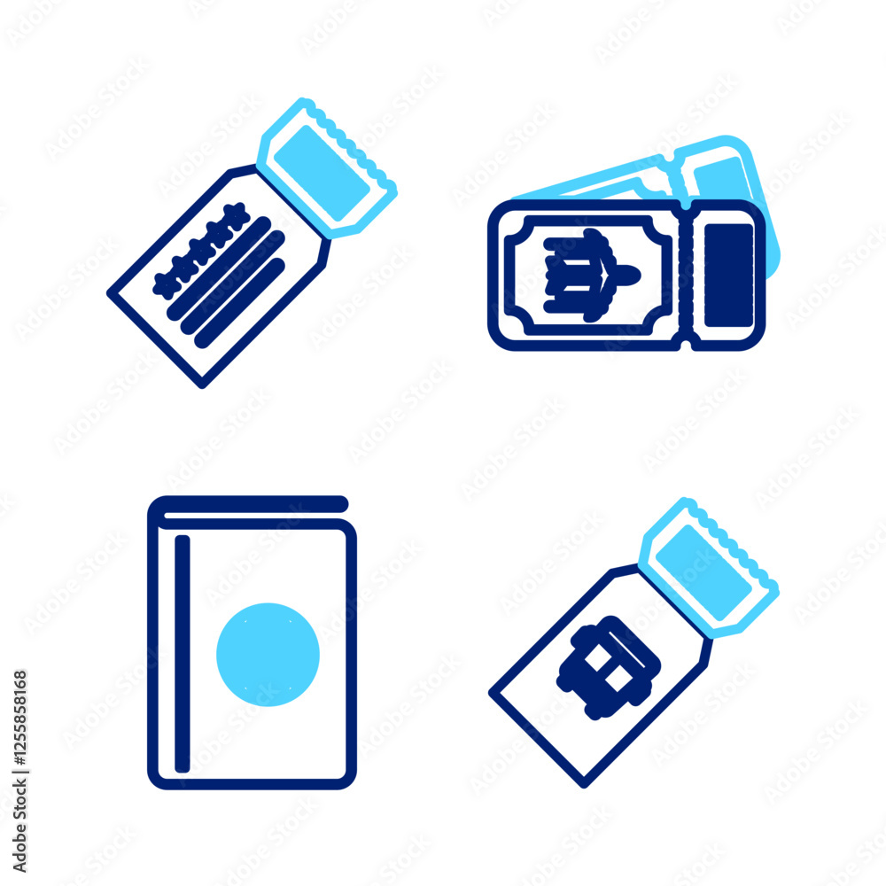 Set line Bus ticket, Cover book travel guide, Airline and Ticket icon. Vector Set line Bus ticket, Cover book travel guide, Airline and Ticket icon. Vector