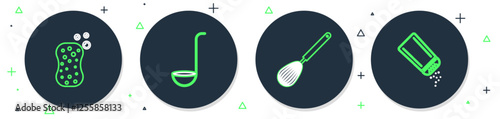 Set line Kitchen ladle, whisk, Sponge with bubbles and Salt and pepper icon. Vector