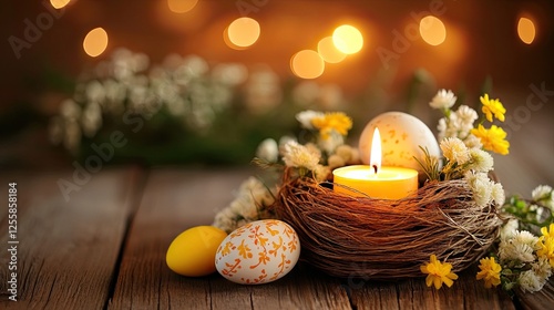 Elegant Easter Still Life with Candle, Eggs and Blossoms on Wooden Surface