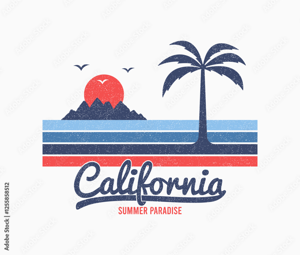 California t-shirt design with palm tree, mountains and sun. Graphic print for tee shirt with silhouette of mountain and palm tree, color stripes and grunge. Clothes and apparel design.