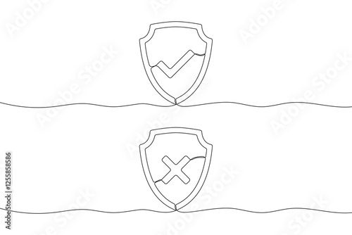 Security shield with check marks - tick and cross of one continuous line drawn. Shield drawn in one line with approval and rejection signs. Safety and anti-virus protection concept. Vector.