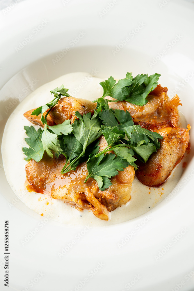 A close-up of tender chicken pieces served on a creamy sauce, garnished with fresh parsley. The dish features vibrant colors and an inviting presentation, perfect for culinary showcases. A close-up of tender chicken pieces served on a creamy sauce, garnished with fresh parsley. The dish features vibrant colors and an inviting presentation, perfect for culinary showcases.