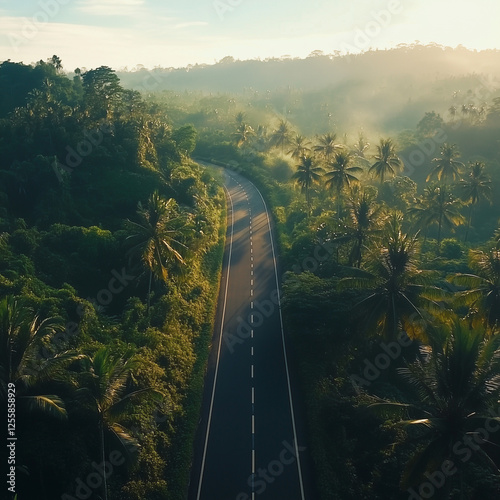 Tropical Highway Serenity, A Road Through Lush Paradise at Sunrise