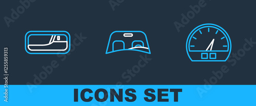 Set line Speedometer, Car door handle and windscreen icon. Vector