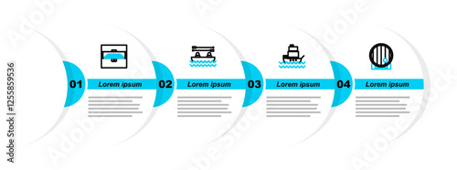 Set line Wooden barrel, Ship, Boat with oars and Antique treasure chest icon. Vector