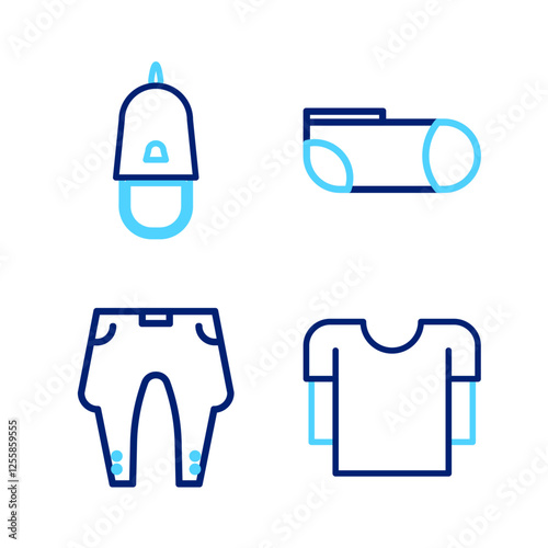 Set line Long sleeve shirt, Pants, Sport socks and Police cap with cockade icon. Vector