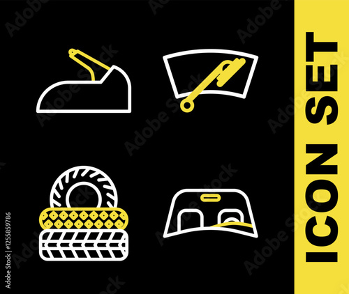 Set line Windscreen wiper, Car windscreen, tire and handbrake icon. Vector